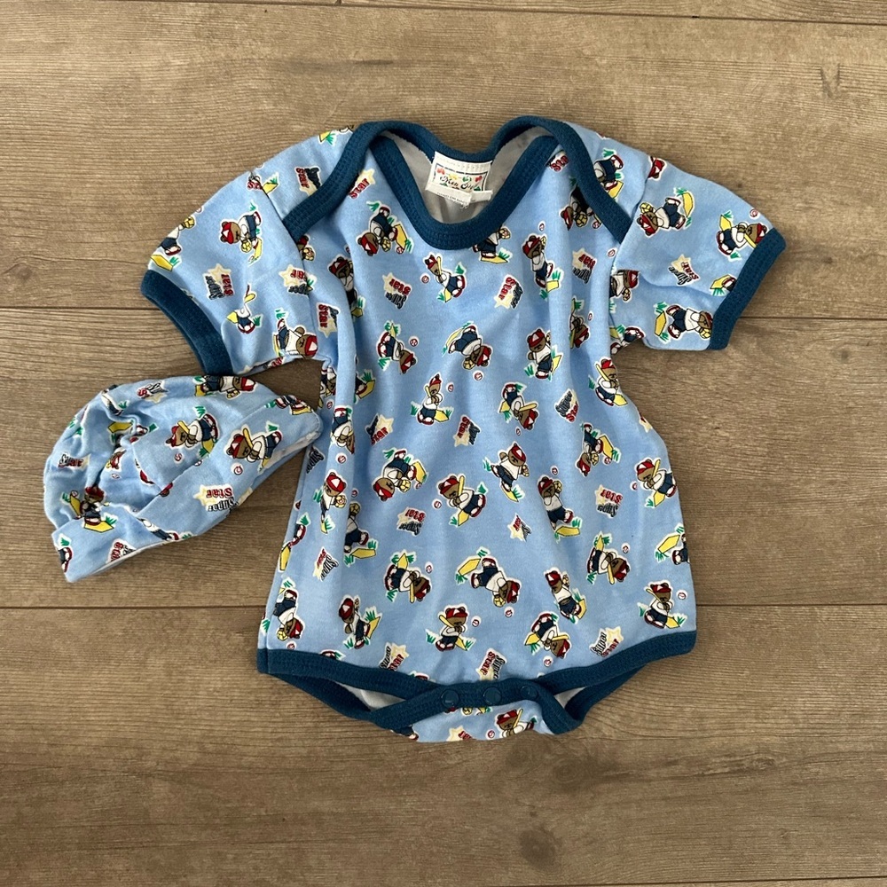Vintage mon petit Retro 90s baby bear baseball bodysuit & hat set 6-9 m baby boy